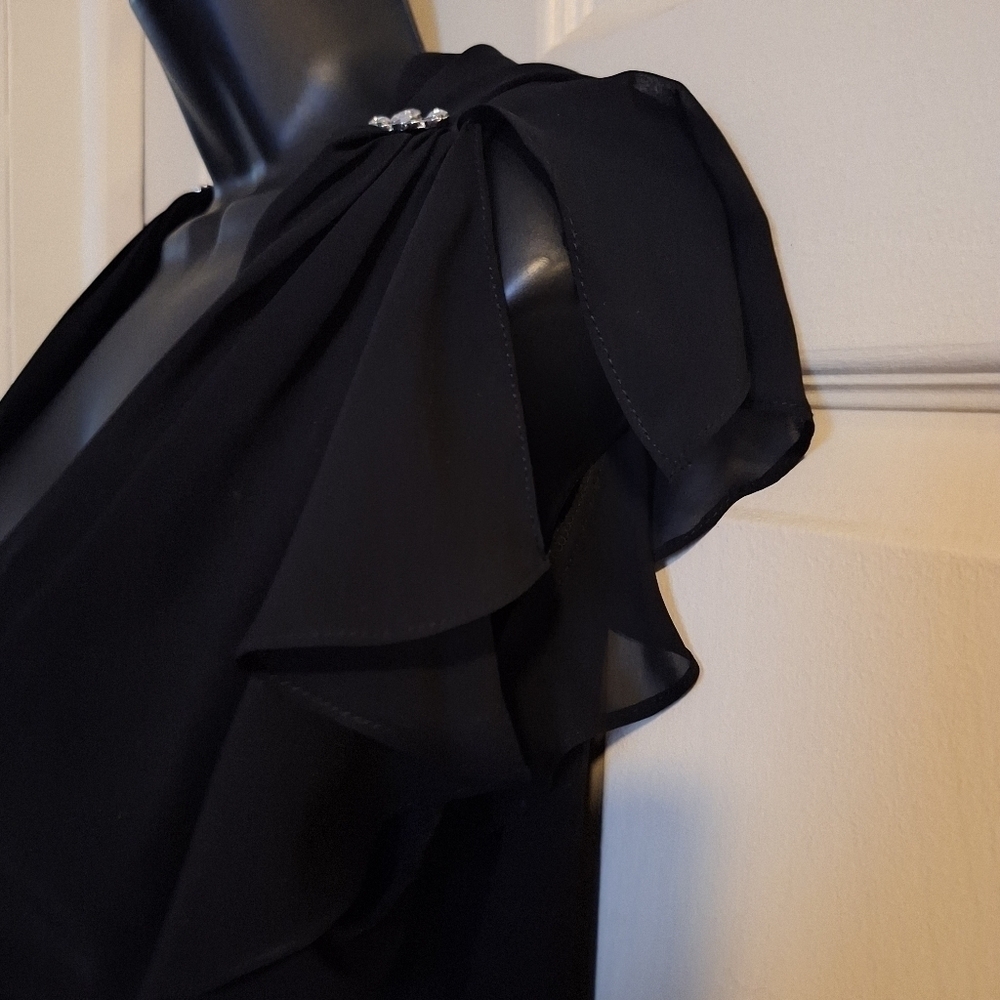 Black V-Neck Ruffle Maxi Dress with Rhinestone Detail - Picture 4 of 8